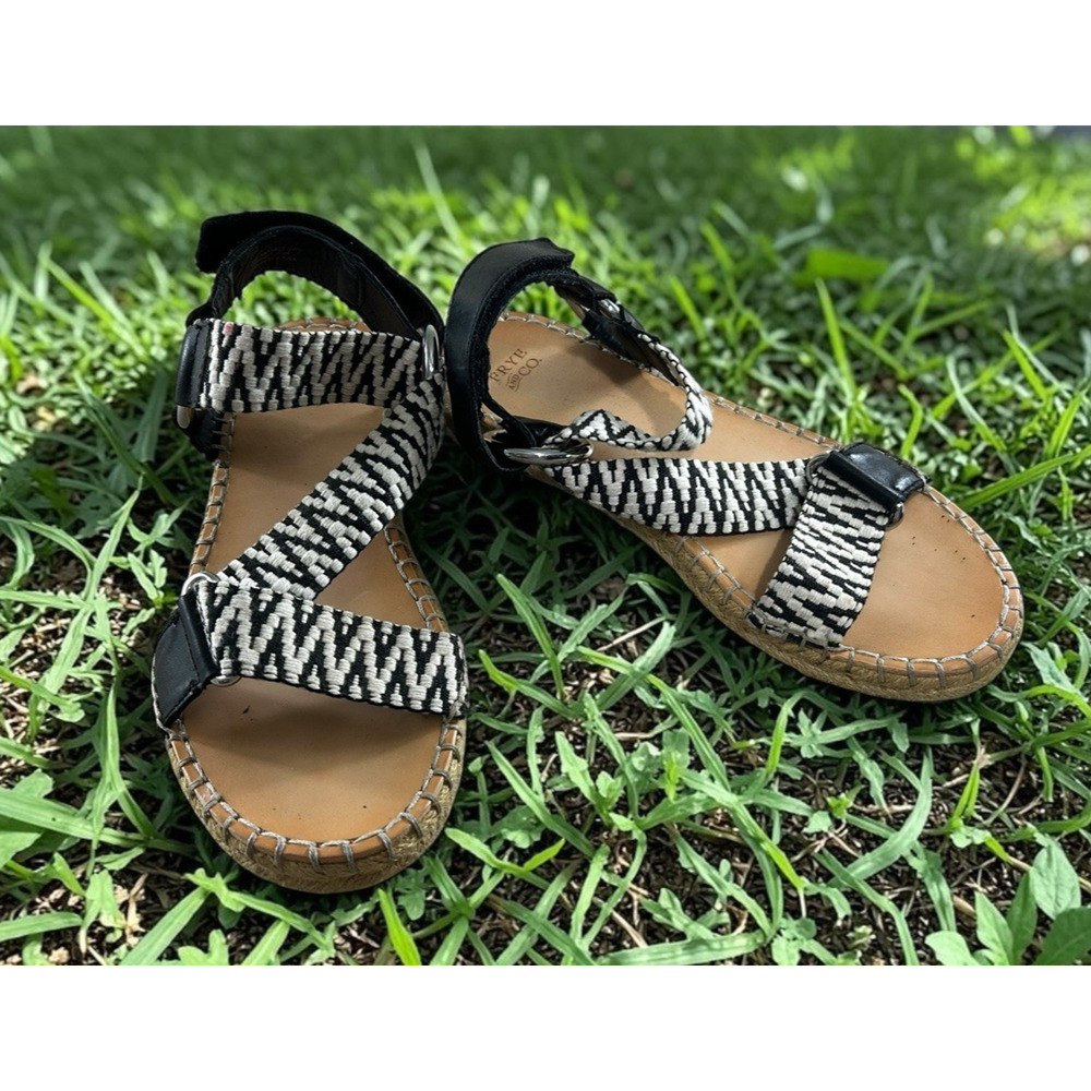 Frye & Co. Kole Asymmetrical Sandals Sz 7 M Black White Straps Espadrille Shoes - Picture 8 of 11